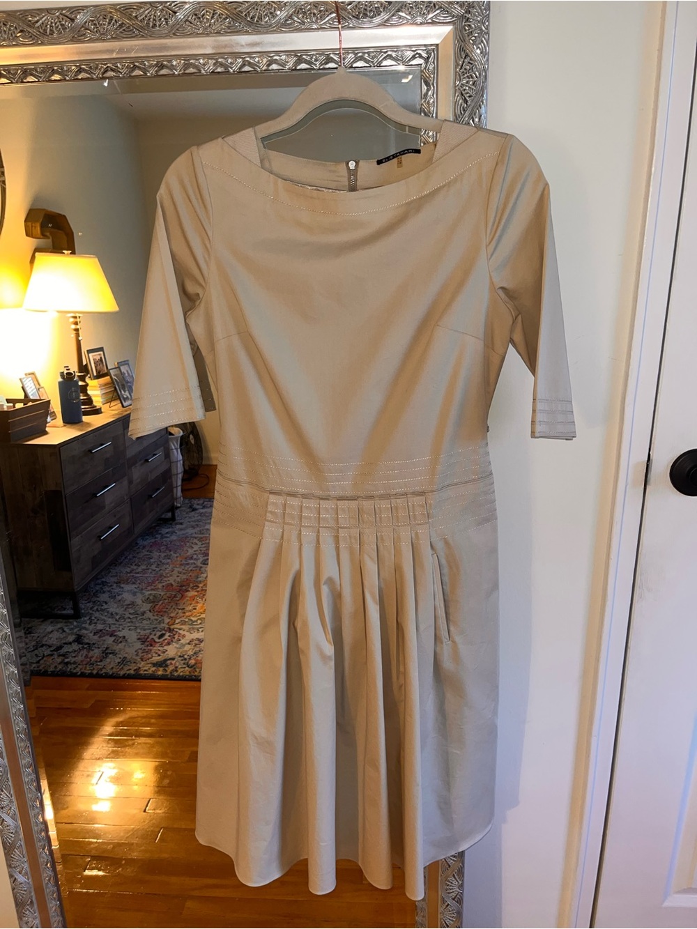 Elie Tahari Beige Pleated Waist Midi Dress